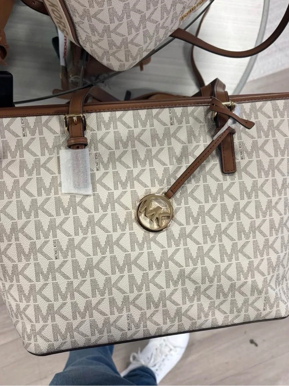 Michael Kors Beige/Acorn MK Logo Tote with Gold Medallion